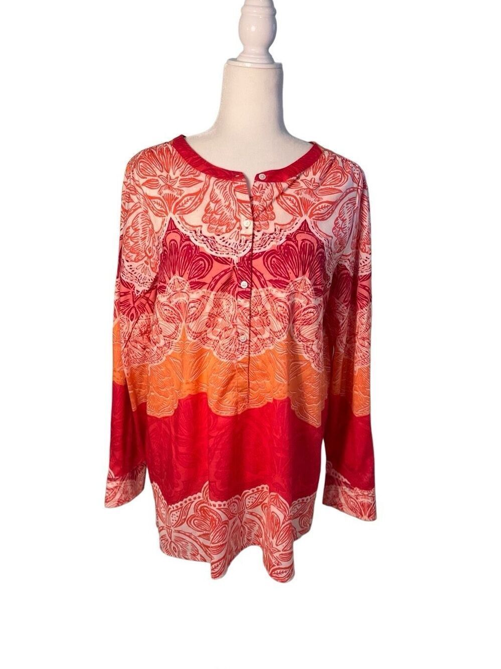 Land’s End pink and orange light cotton tunic with 1/2 button front - 14